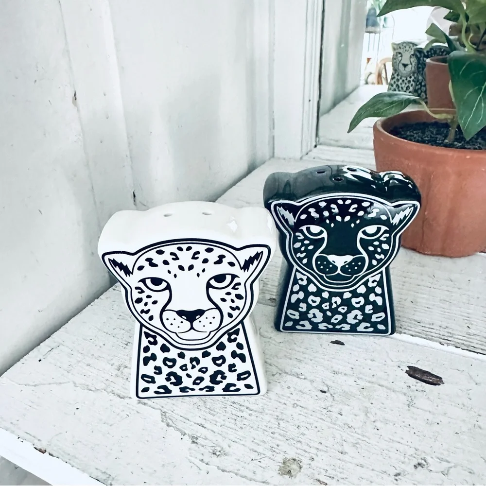 Ceramic Leopard Salt & Pepper Shakers Jaguar Cheetah NEW Jungle Bohemian B&W